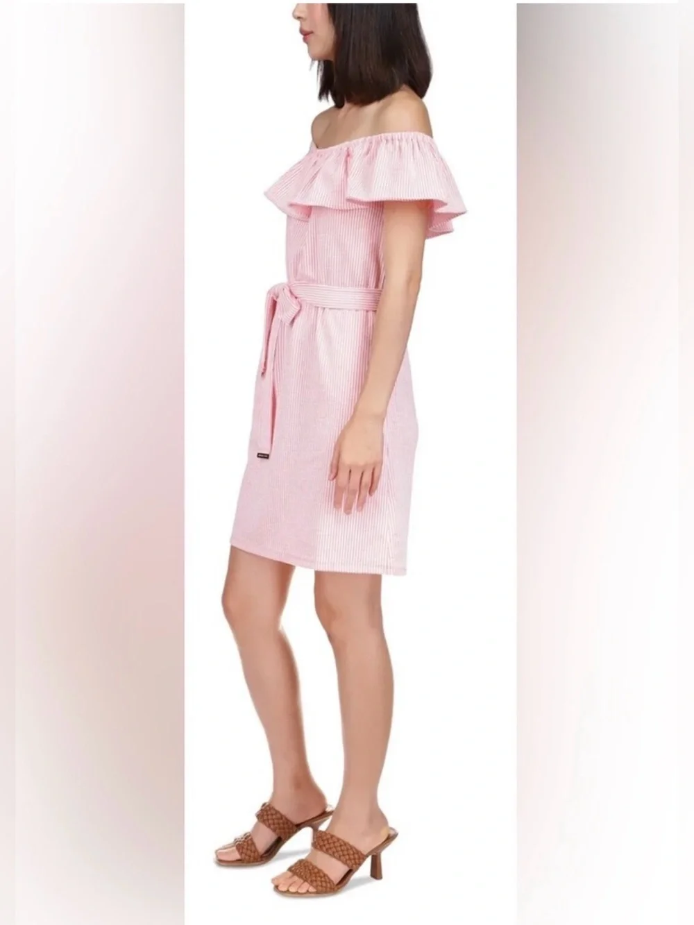 MICHAEL KORS WOMEN'S RUFFLED OFF-THE-SHOULDER MINI DRESS, GRAPEFRUIT SIZE XS